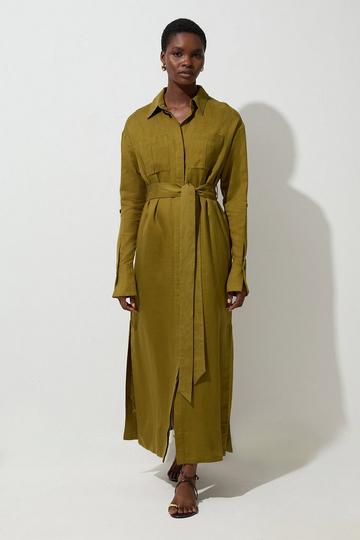 Viscose Linen Woven Belted Shirt Dress khaki