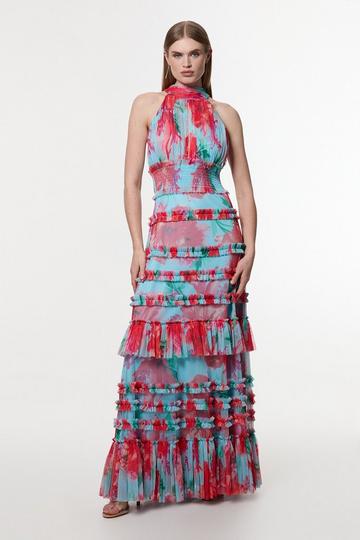 Red Floral Tulle Halter Neck Woven Maxi Dress