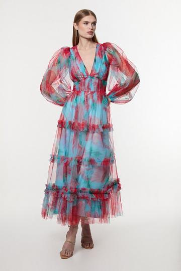 Floral Tulle Balloon Sleeve Plunge Woven Maxi Dress red