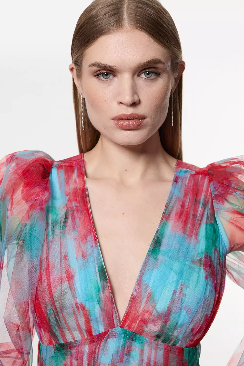 Floral Tulle Balloon Sleeve Plunge Woven Maxi Dress | Karen