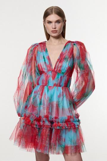 Floral Tulle Balloon Sleeve Plunge Woven Mini Dress red