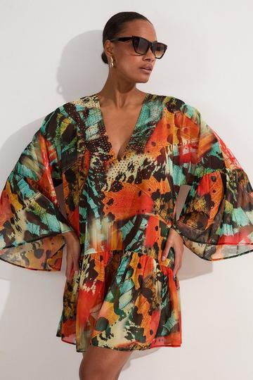 Butterfly Embellished Kimono Sleeve Viscose Georgette Mini Beach Dress turquoise