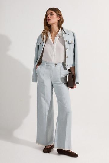 Petite Spring Tweed Tailored Straight Leg Trousers pale blue