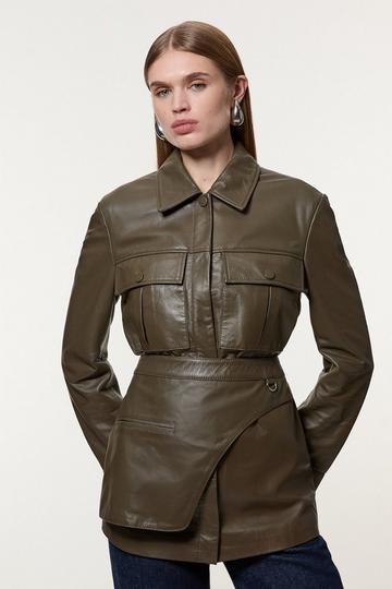 Leather Safari Jacket With Detachable Wrap Belt Detail olive