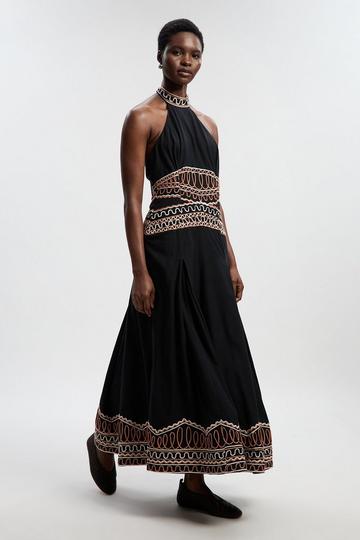 Embroidered Cotton Linen Woven Halter Dress mono