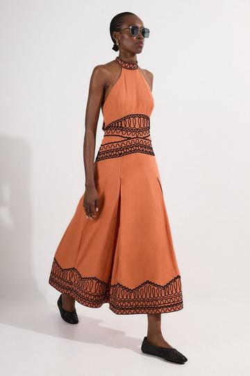 Embroidered Cotton Linen Woven Halter Dress orange