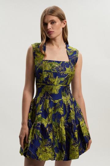 Floral Jacquard Tailored Puff Mini Dress multi