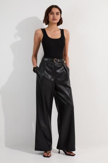 Petite Faux Leather High Waisted Wide Leg Trousers black