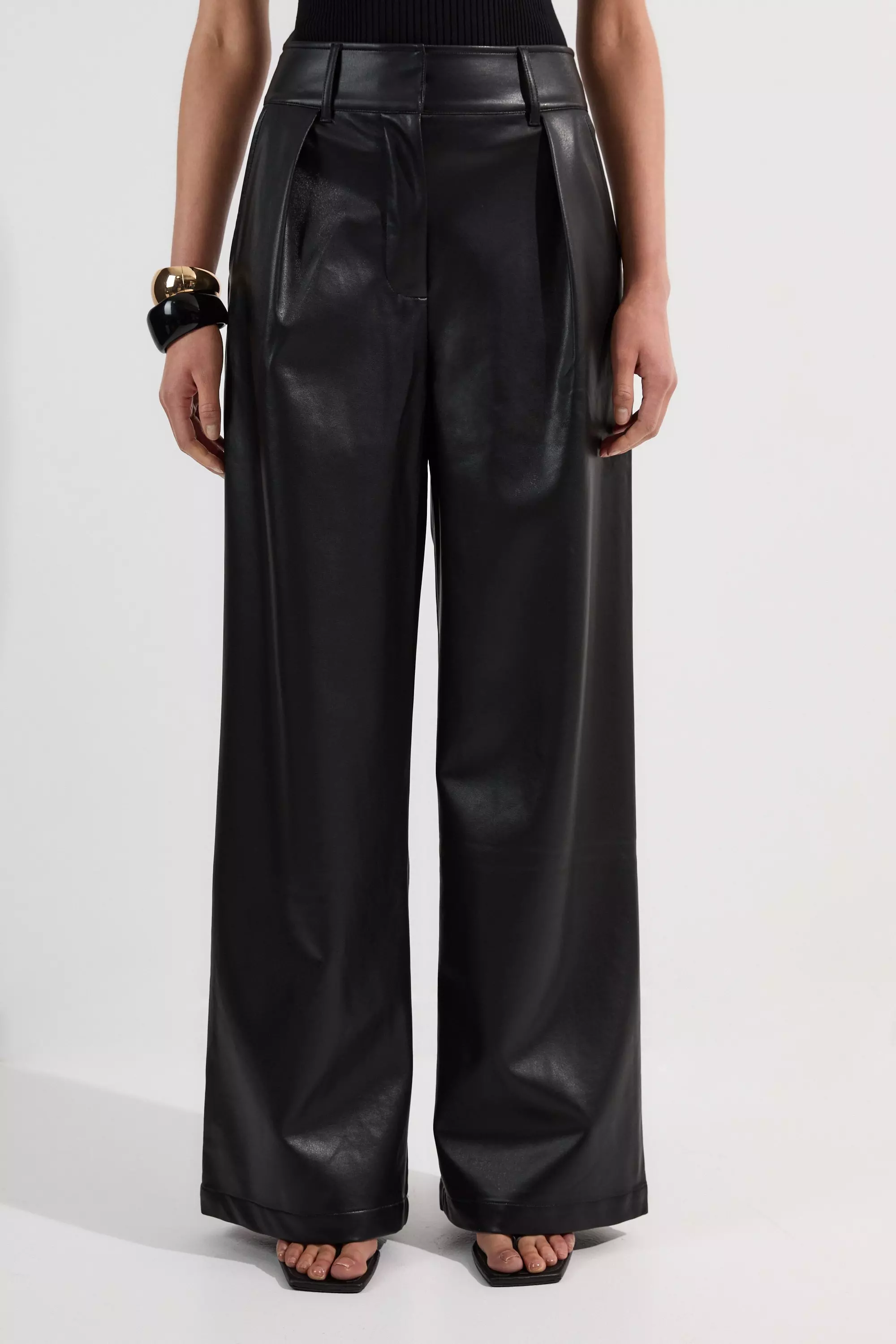 【HI FI FNK】Tour Wide Trousers Faux Leather High Waisted Wide Leg Pants | Karen Millen