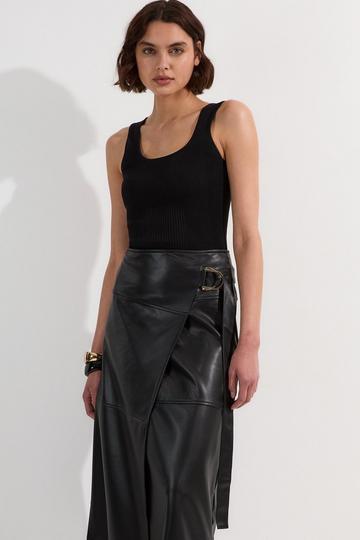 Black Faux Leather Tie Detail Wrap Midi Skirt