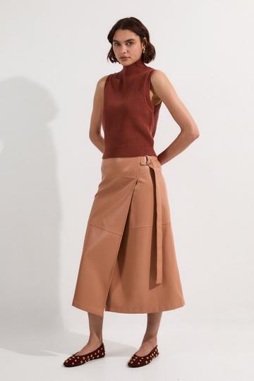 Faux Leather Tie Detail Wrap Midi Skirt camel