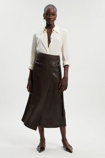 Faux Leather Tie Detail Wrap Midi Skirt chocolate