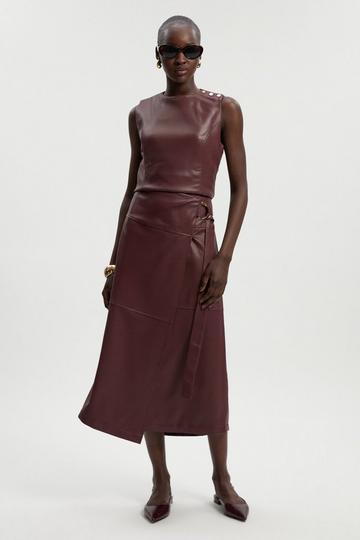 Faux Leather Tie Detail Wrap Midi Skirt oxblood