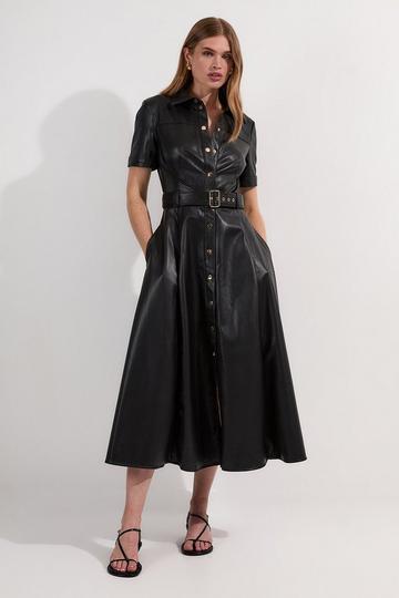 Black Faux Leather Belted Midi Shirt Dress