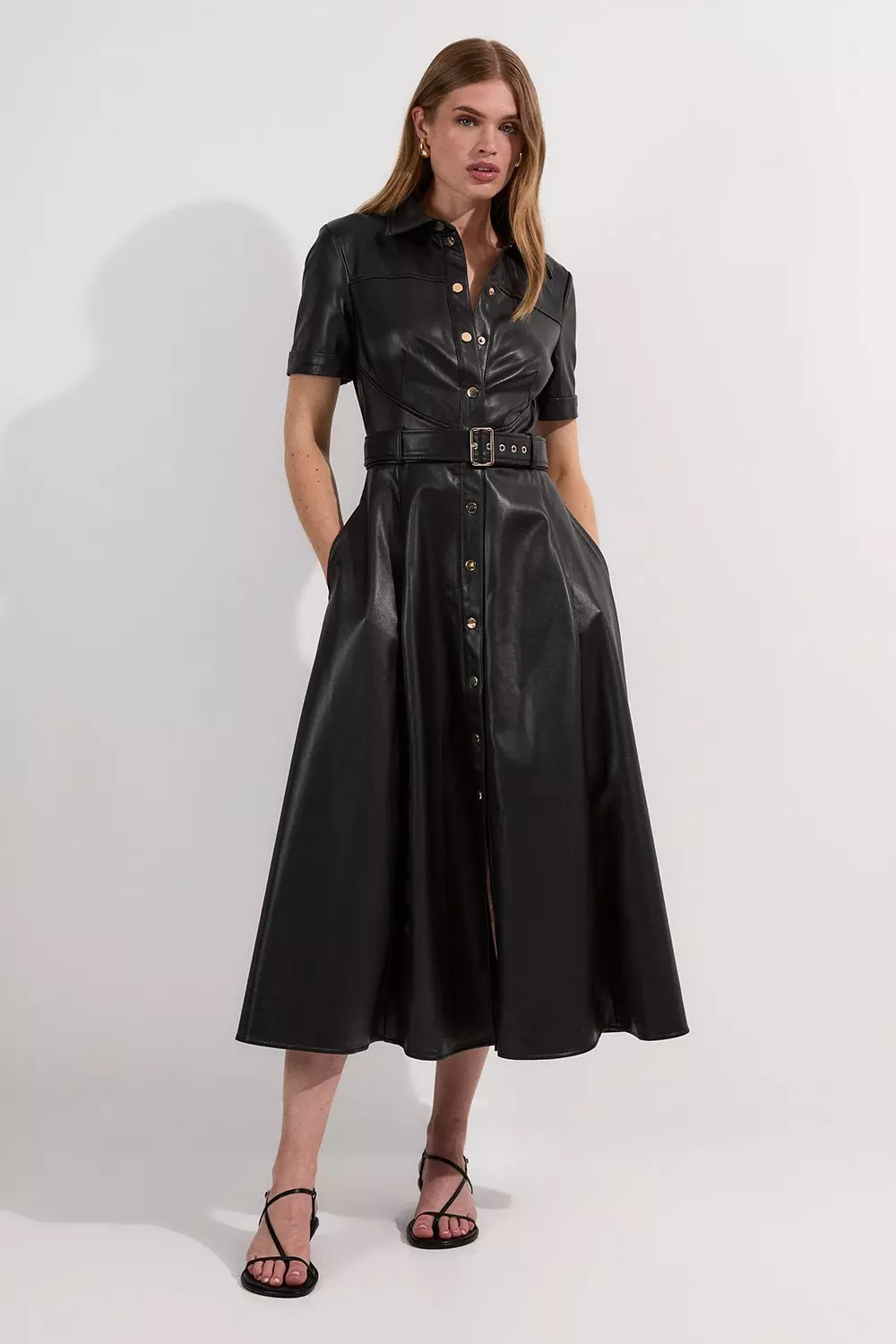 Faux Leather Belted Midi Shirt Dress | Karen Millen