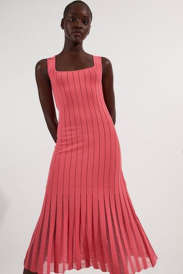 Compact Stretch Square Neck Knitted Flippy Dress coral