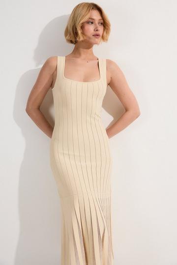 Compact Stretch Square Neck Knitted Flippy Dress cream