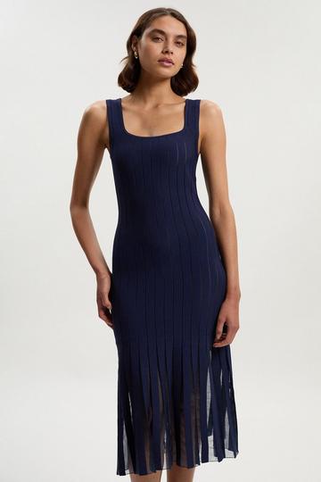 Navy Compact Stretch Square Neck Knitted Flippy Dress