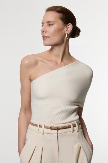 Cream White Compact Rib Stitch Knitted One Shoulder Top