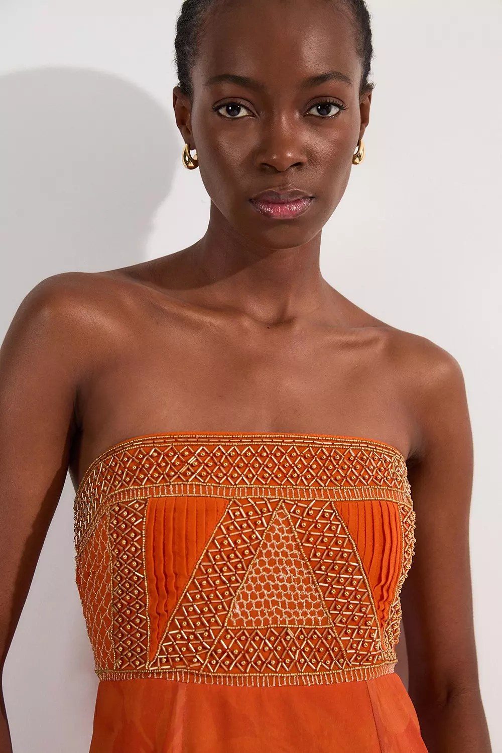 Petite Embellished Ombre Floral Pleated Woven Bandeau Maxi