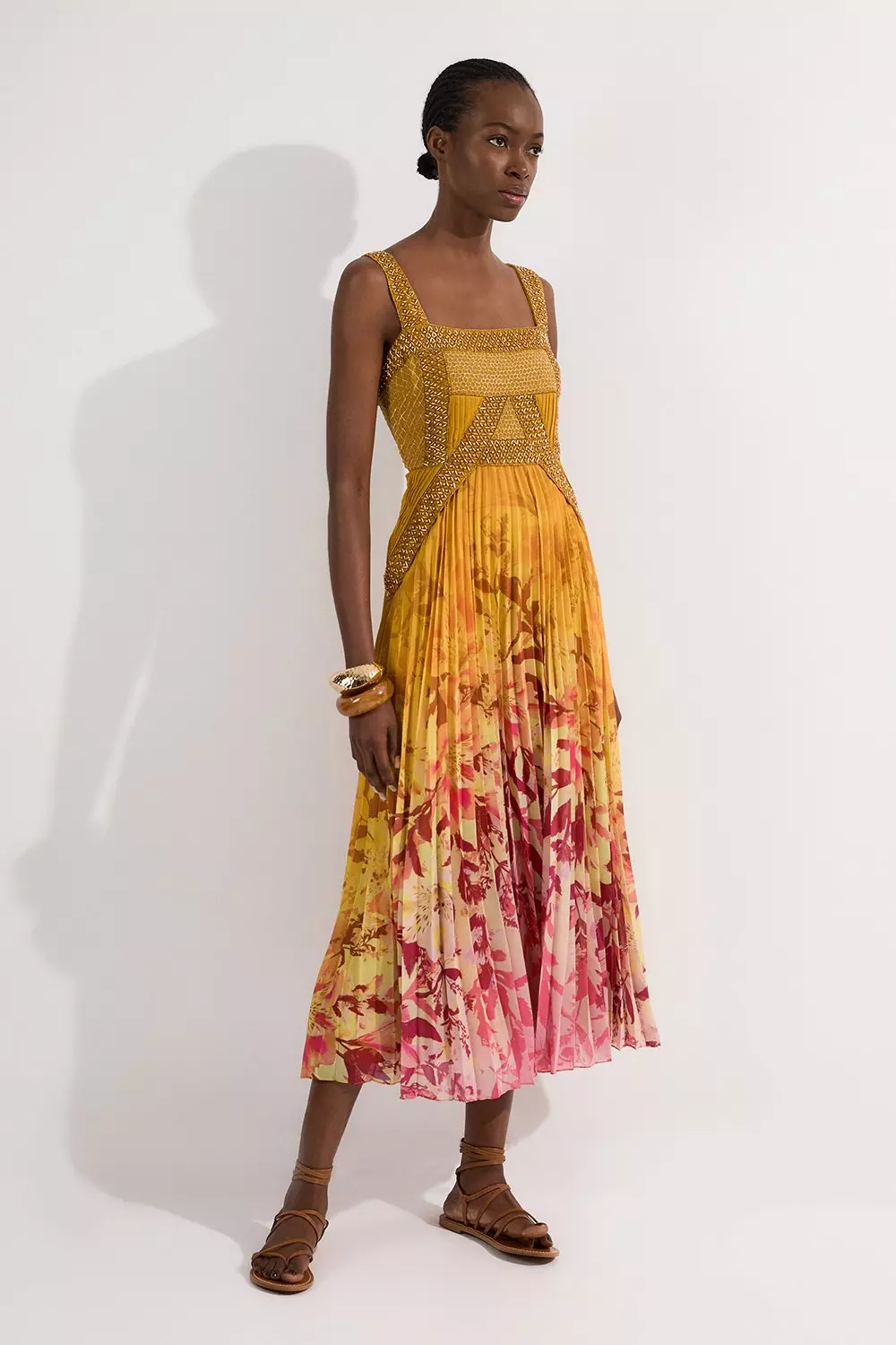 Embellished Ombre Floral Pleated Woven Maxi Dress | Karen Millen