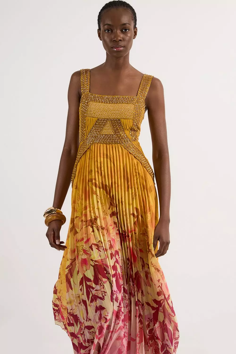 Tall Embellished Ombre Floral Pleated Woven Maxi Dress