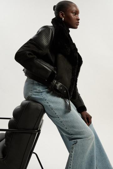 Black Faux Shearling Crop Biker Coat