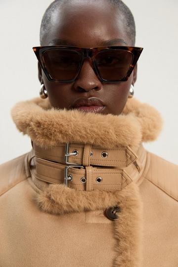 Faux Shearling Crop Biker Coat camel