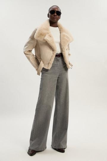 Faux Shearling Crop Biker Coat ivory