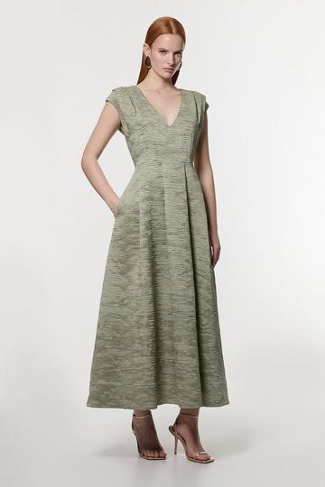 Crinkle Satin Pleated Sleeveless Full Skirt Tailored Midi Dress sage