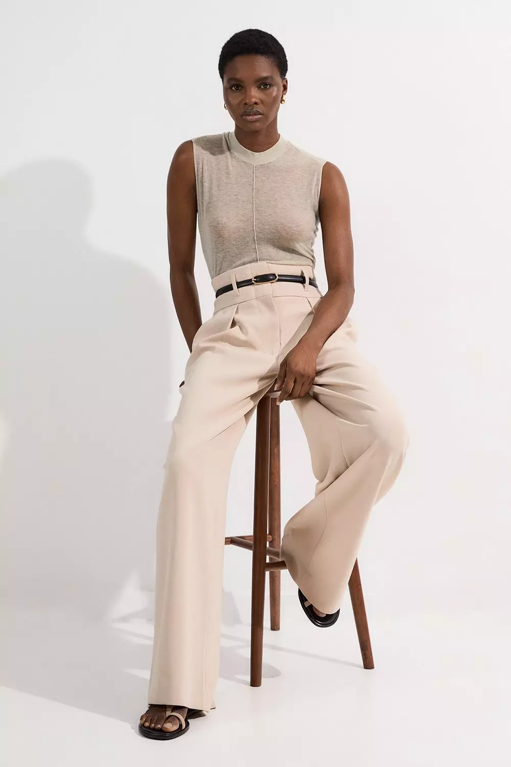 Beige Compact Stretch Essential Tailored High Waist Wide Leg Pants alternative image