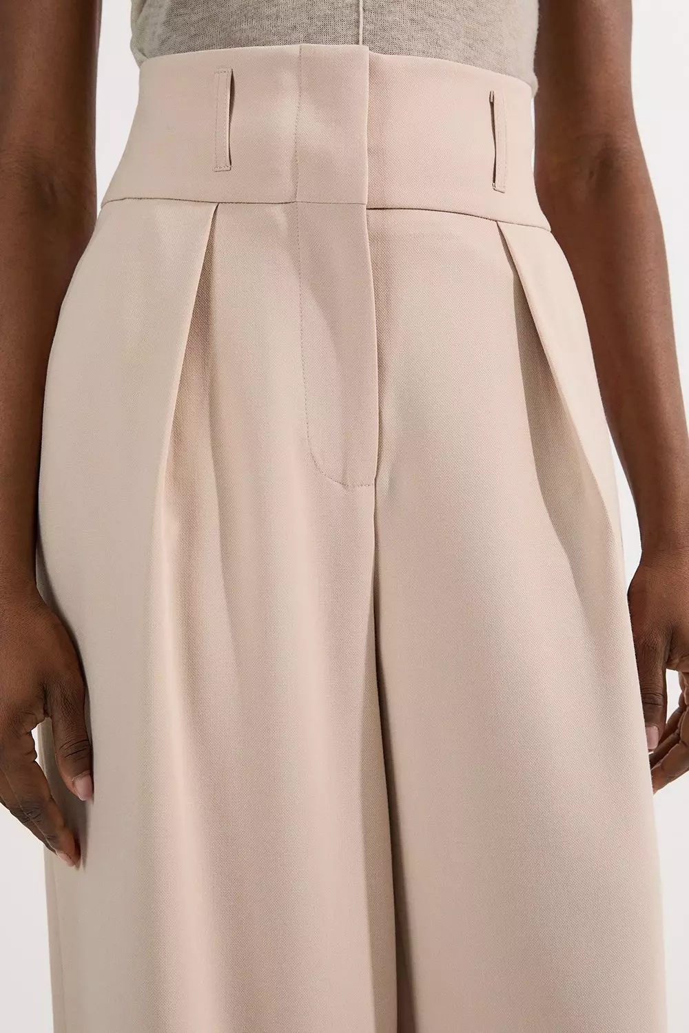 Beige Compact Stretch Essential Tailored High Waist Wide Leg Pants alternative image
