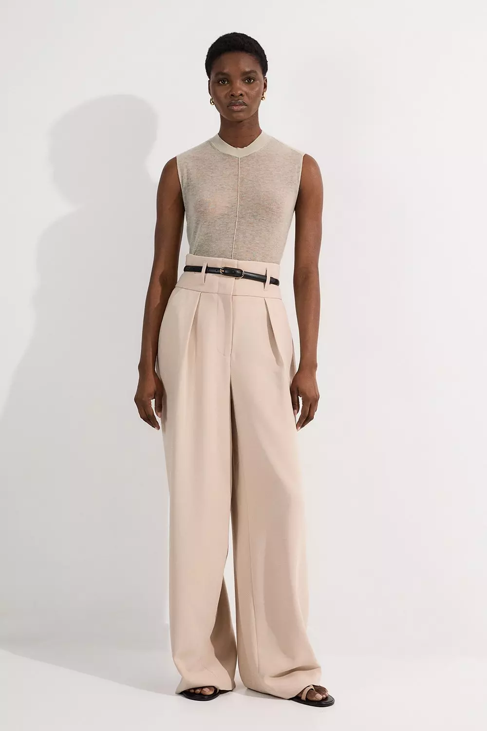 Beige Compact Stretch Essential Tailored High Waist Wide Leg Pants alternative image
