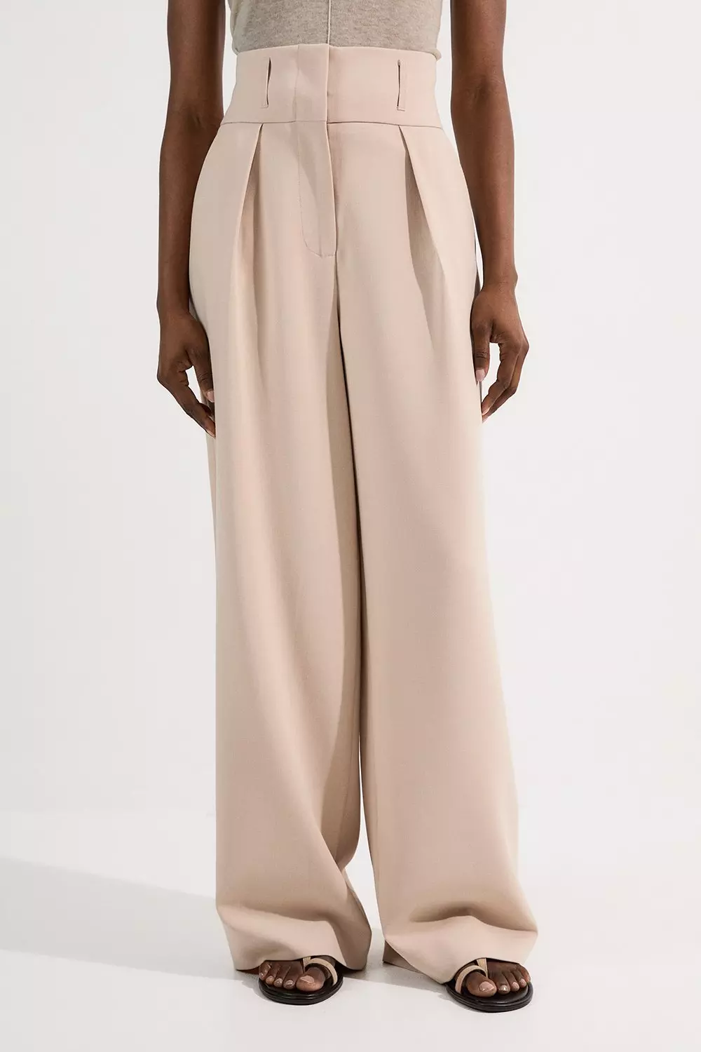 Beige Compact Stretch Essential Tailored High Waist Wide Leg Pants alternative image