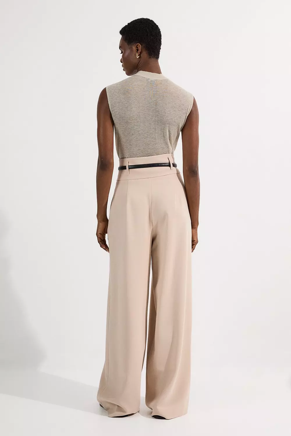 Beige Compact Stretch Essential Tailored High Waist Wide Leg Pants alternative image