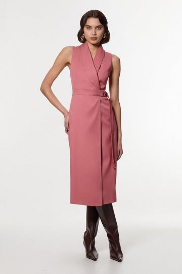 Pink Soft Tie Tailored Sleeveless Pencil Midi Dress