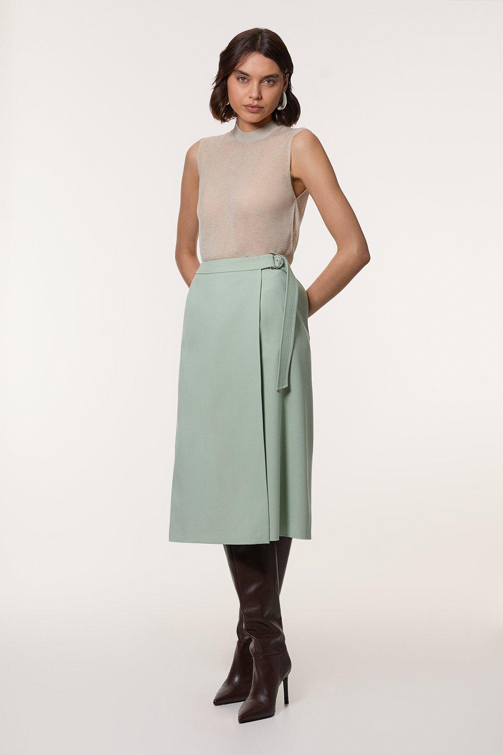 Mint Soft Tailored Wrap A Line Midi Skirt