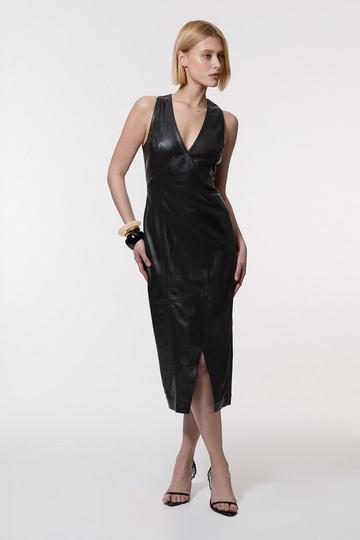 Black Leather Wrap Seam Pencil Midi Dress