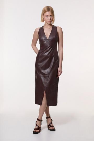 Leather Wrap Seam Pencil Midi Dress chocolate