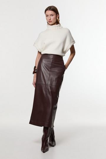 Leather Clean Pencil Midi Skirt chocolate