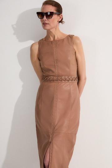 Leather Eyelet And Lace Trim Detail Sleeveless Midi Pencil Dress tan