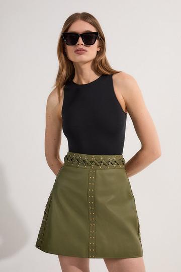 Leather Eyelet And Lace Trim Detail A Line Mini Skirt light green