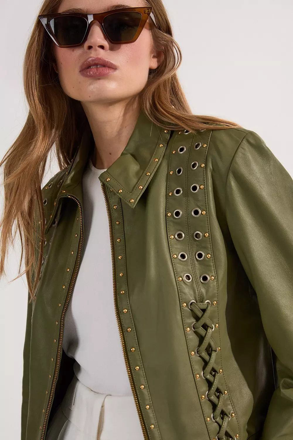 Light green Leather Eyelet And Lace Trim Collared Jacket alternative image