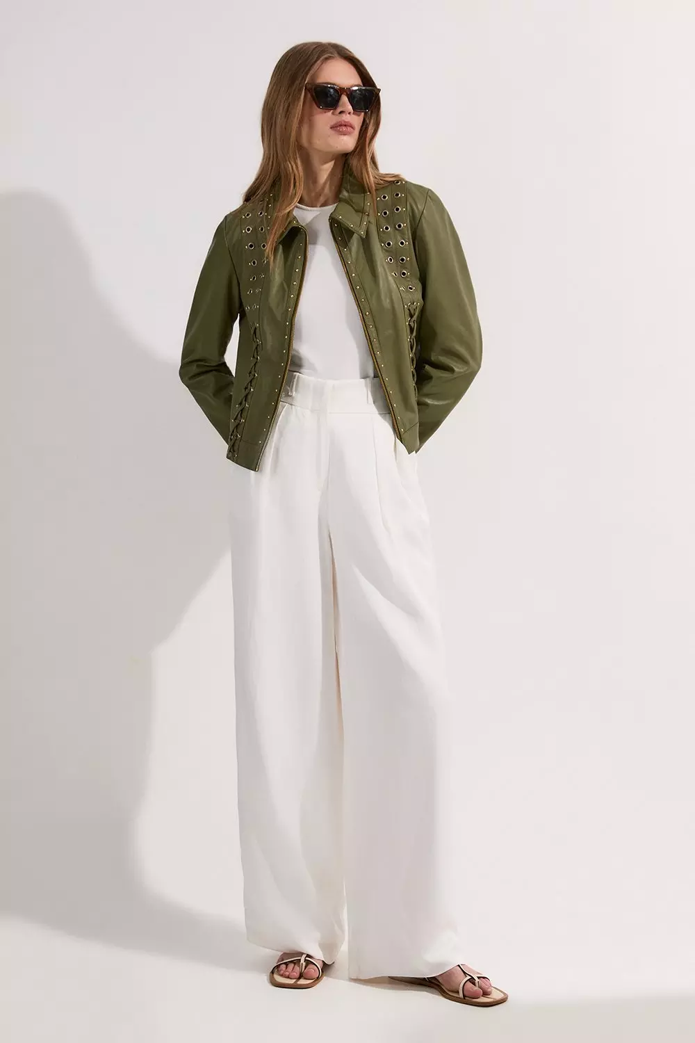 Light green Leather Eyelet And Lace Trim Collared Jacket alternative image