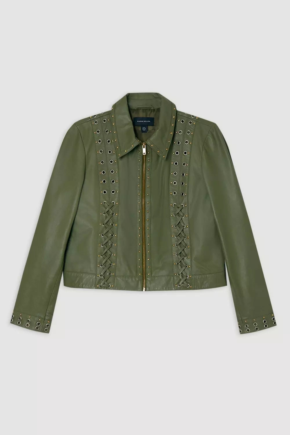 Light green Leather Eyelet And Lace Trim Collared Jacket alternative image