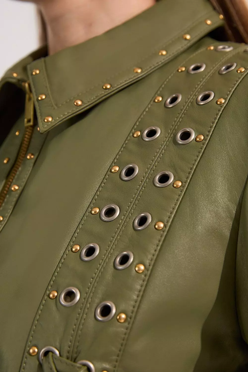 Light green Leather Eyelet And Lace Trim Collared Jacket alternative image