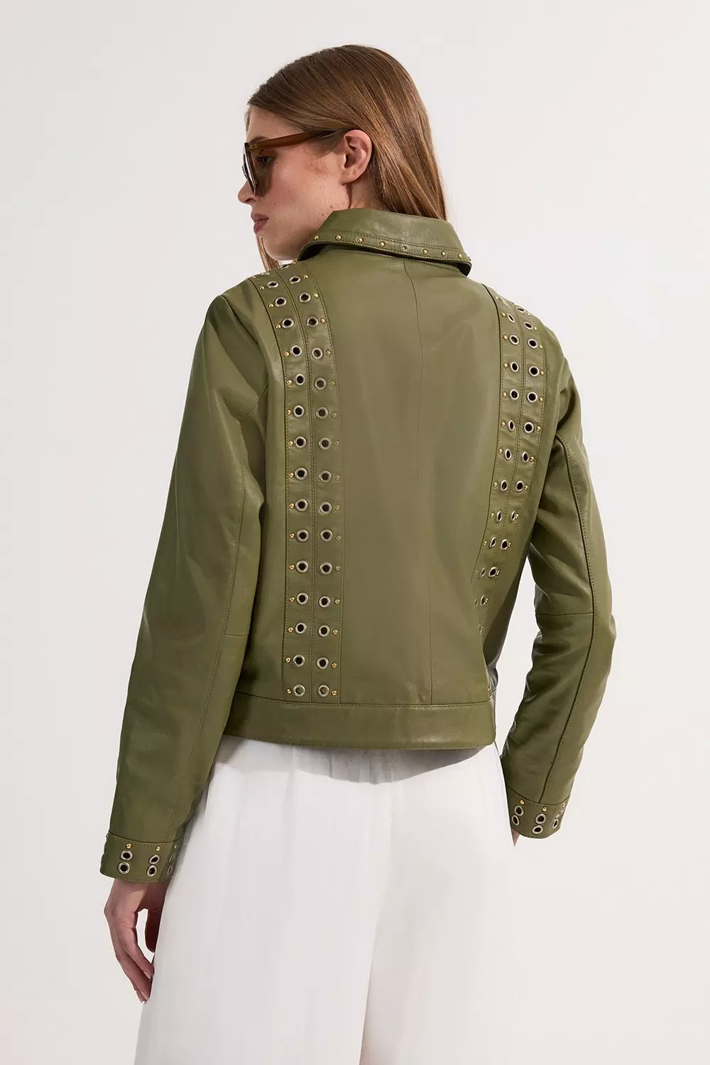 Light green Leather Eyelet And Lace Trim Collared Jacket alternative image