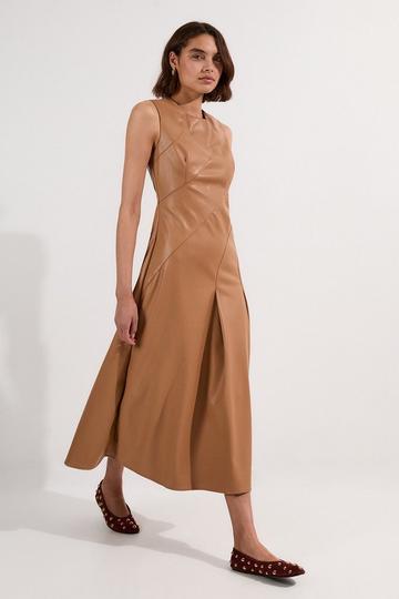 Faux Leather Seam Detail Full Midi Dress camel
