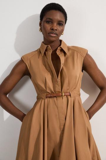 Tailored Cotton Belted Collared Full Midi Dress camel