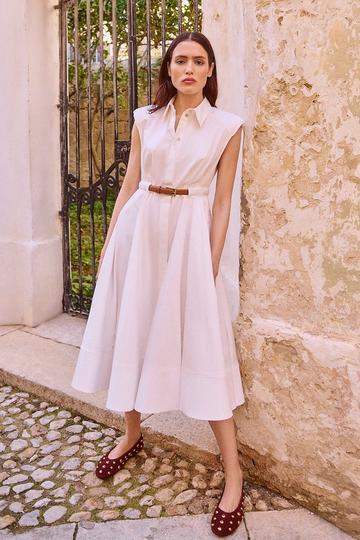 Tailored Cotton Belted Collared Full Midi Dress ivory